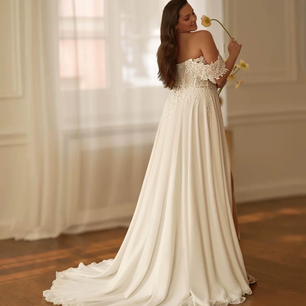 Customized Romantic Chiffon Bride Dress Off Shoulder Appliques Wedding Gowns Sweetheart Backless Plus Size Vestido Bridal Gown