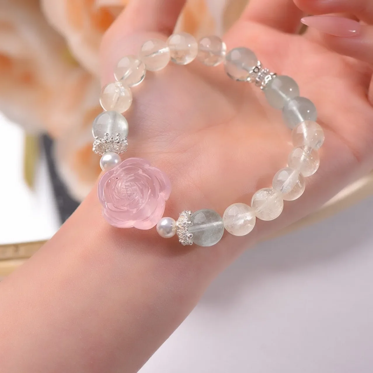 

Natural Green Fluorite Powder Crystal Peony Duobao Bracelet, Women's Light Luxury Fashion Lucky Bracelet, Gift