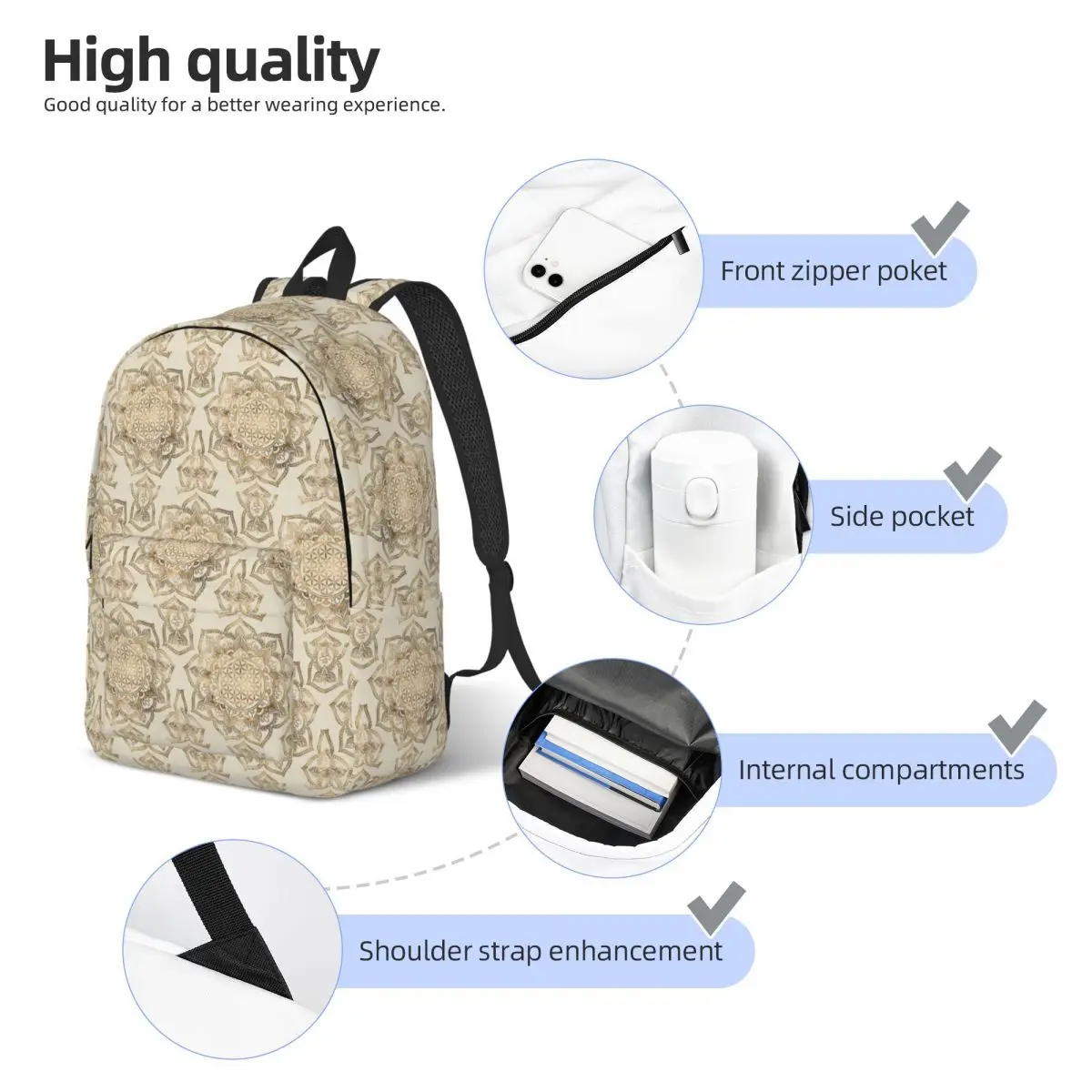 Flower Of Life In Lotus - Pastel Golds And Canv Student Backpack School Bag Hiking Travel Daypack Bookbag Shoulder Bags