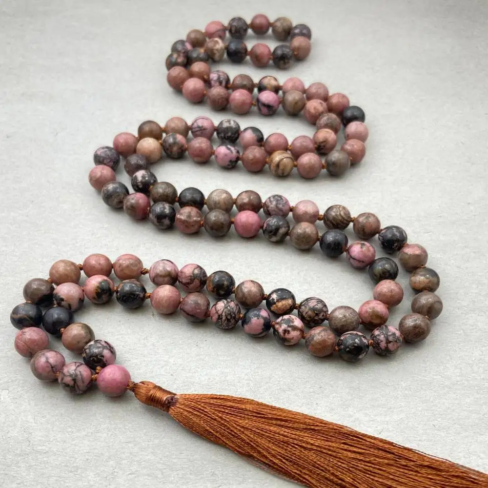 Natural Rhodonite Multi-Gemstone 108 Mala Beads Necklace with Rust Tassel Love & Emotional Healing Crystal Jewelry