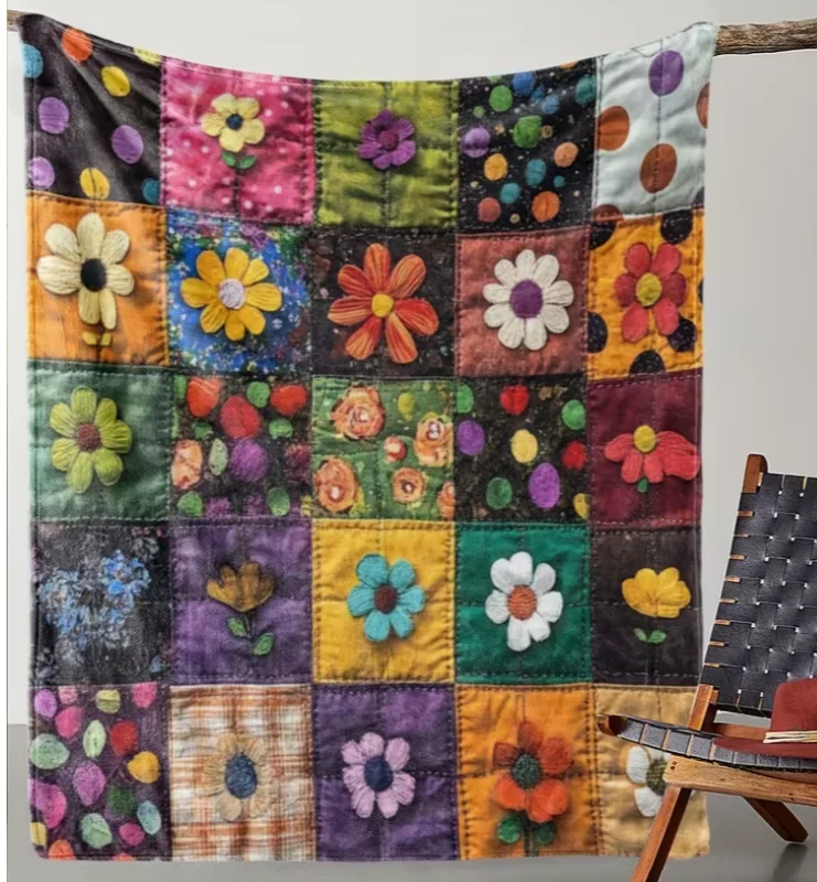 Floral Patchwork Flannel Blanket - Vintage Style, All-season Fit, Versatile, Soft and Lightweight Travel Blanket, Sofa Blanket