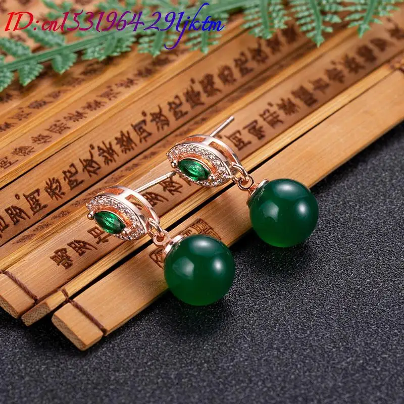 Natural Jade Bead Earrings Fashion Accessories Carved Gemstone Real Jewelry Ear Stud Rose Gold Plated Luxury Stone - view 2