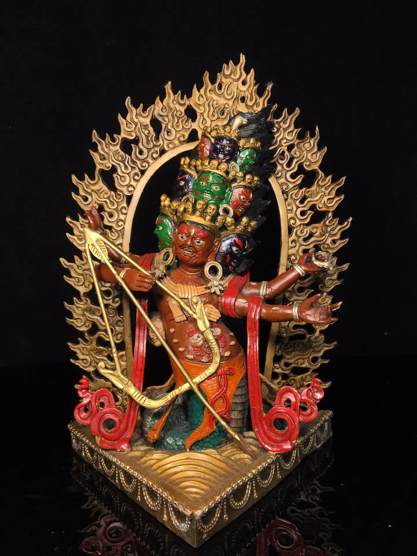 Old Bronze Painted Lahula Protector Rahu Star God Standing Buddha backlight Erosion God Head Yellow flag Amitabha Worship Hal