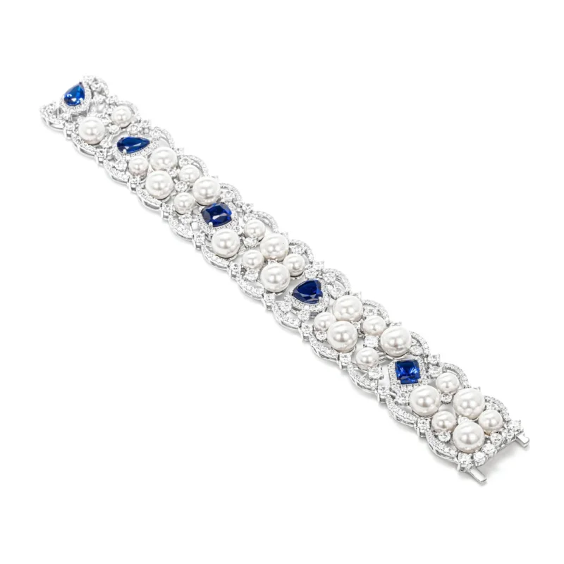 BELLUX Real Gold Plated 925 Silver Bracelet Synthetic Pearl Bracelet Personalized Blue Zircon Round White Beads Bracelet