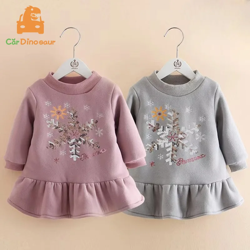 

2025 Winter 2 3 4 6 8 10 11 12 Years Teenager Crew-Neck Glitter Long Sleeve Thickening Plus Velvet Kids Baby Girls Warm Dress