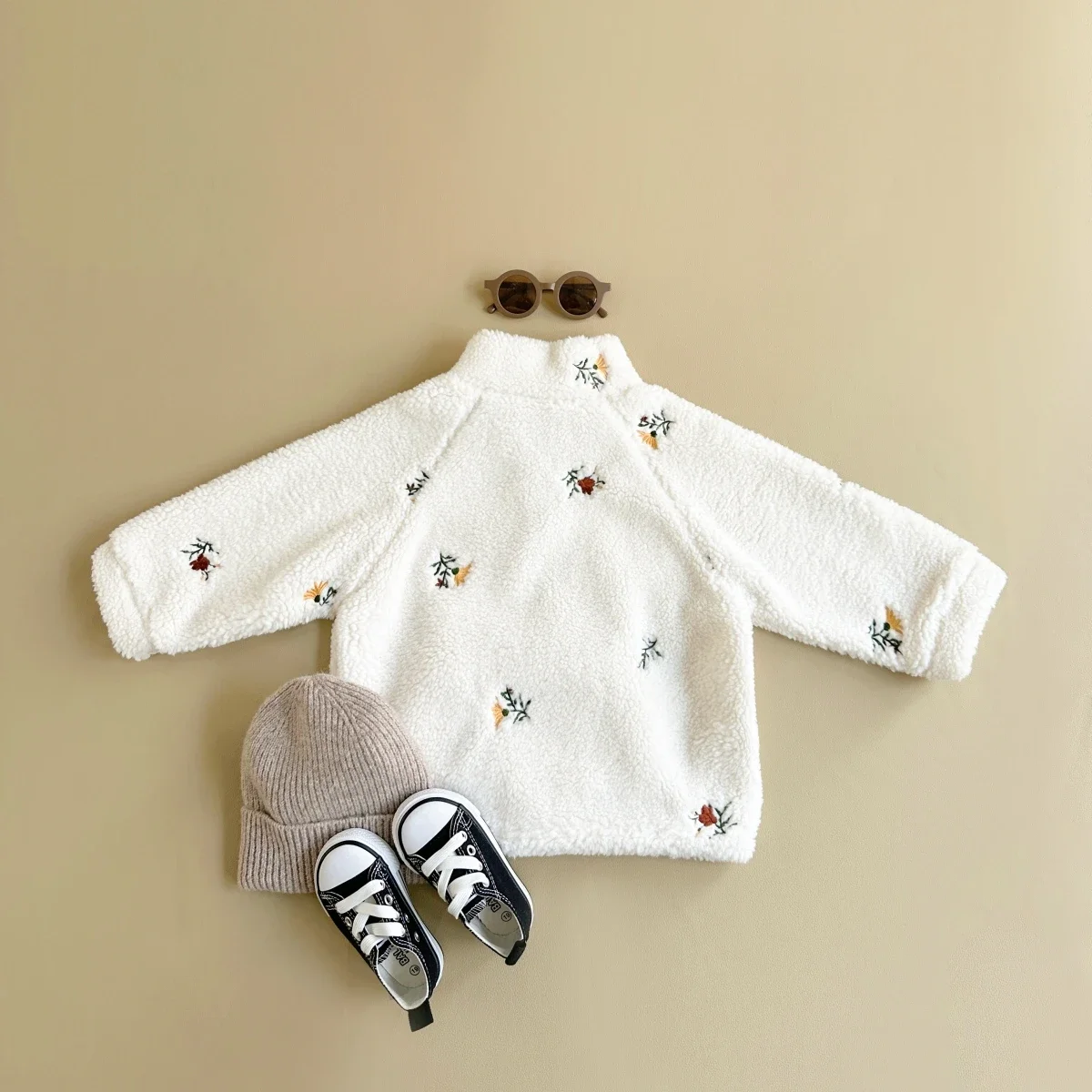 Winter New Korean Cute Baby Girl Lamb Wool Warm Coat with Flower Exquisite Embroidery Zipper Jacket for Children\'s Plush Top