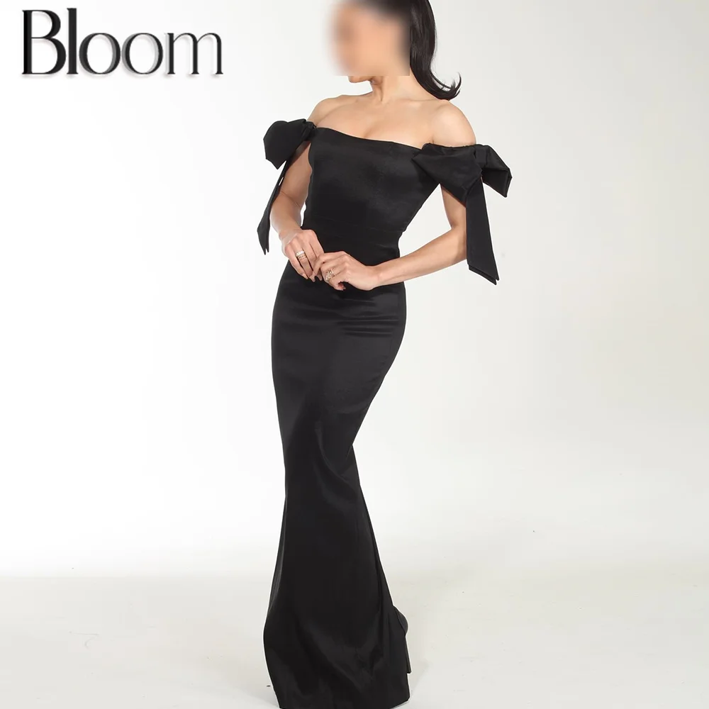 

Bloom Solid Black Sweep Train Removable tail Bow satin Sheath Off the Shoulder Watteau Train Zipper Back Classic Celebrity Dress