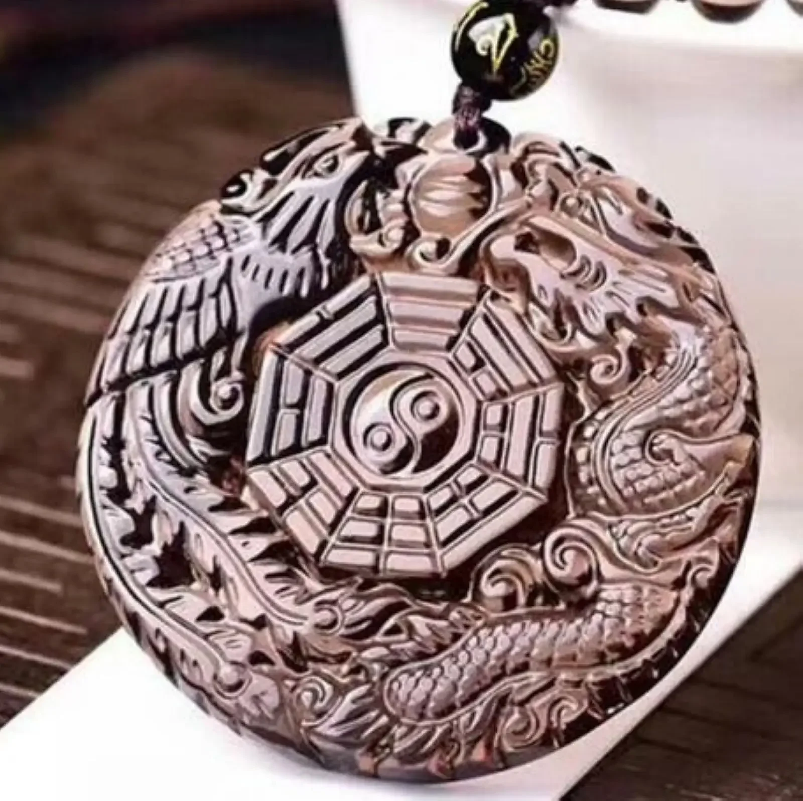 Natural ice Obsidian Crystal dragon phenix YINGYANG Pendant with Bead Chain great gift necklace men or Women