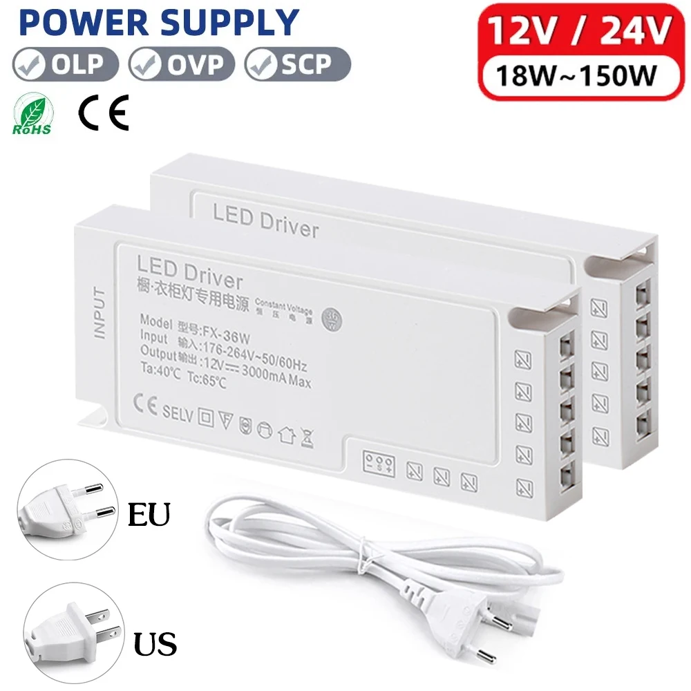 

AC110V-220V to DC12V Lighting LED Cabinet Driver Power Supply 24/36/60/100W Transformer for Closet Wardrobe LED Strip Lights