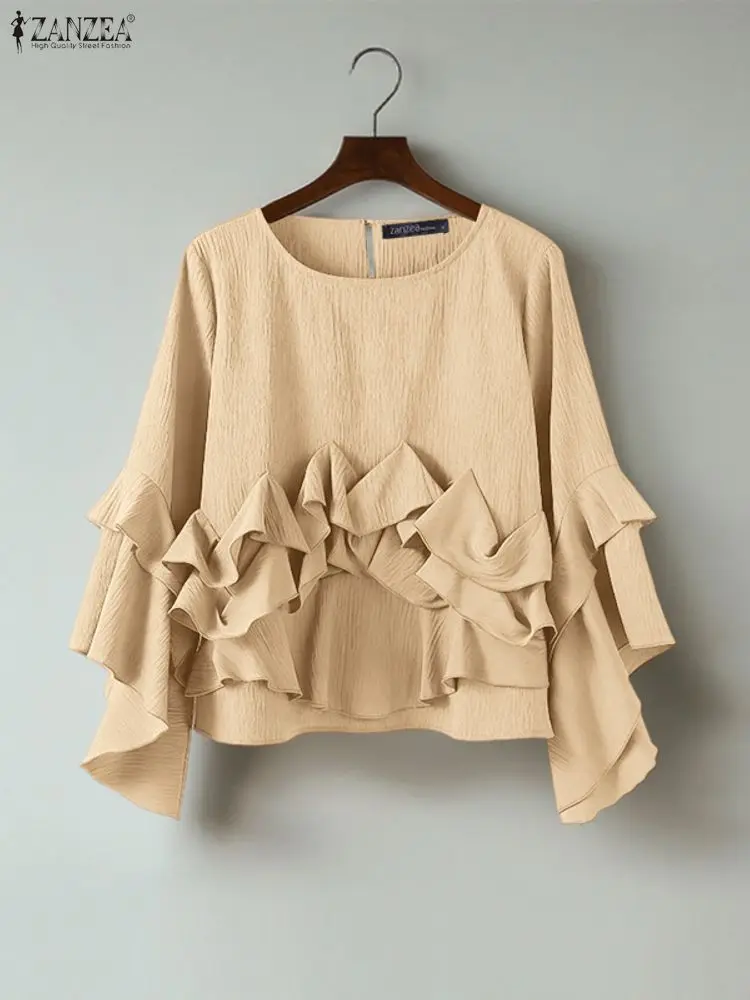 ZANZEA بلوزة نسائية مكشكشة بأكمام طويلة 2025 بلوزات على الموضة رقبة مستديرة قميص فضفاض غير رسمي أنيق ملابس الشارع الكورية Blusas Mujer