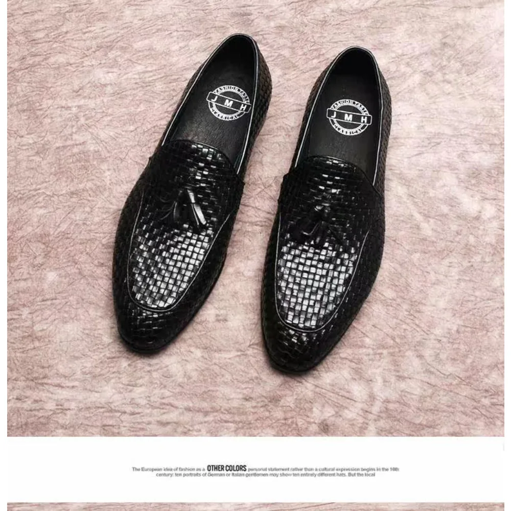 Breathable Woven Tassel Loafers Men Genuine Leather Business Casual Leather Shoes Versatile Male Formal Dress Shoes