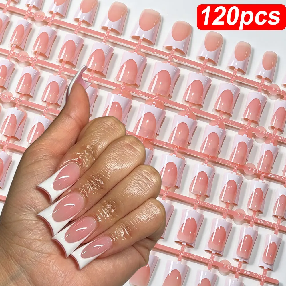 120pcs Glossy French Tip Duck Press on Nails White French Tip Medium Duck Nude False Nails Full Cover Reusable French Fake Nails