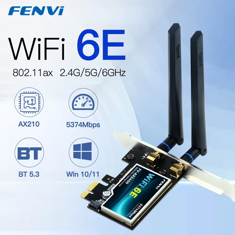 Karta bezprzewodowa FENVI Wi-Fi 6E AX210 5374Mbps Tri Band 2.4G/5G/6GHz BT 5.3 PCI Express Network Cards WiFi Adapter For PC Win10/11