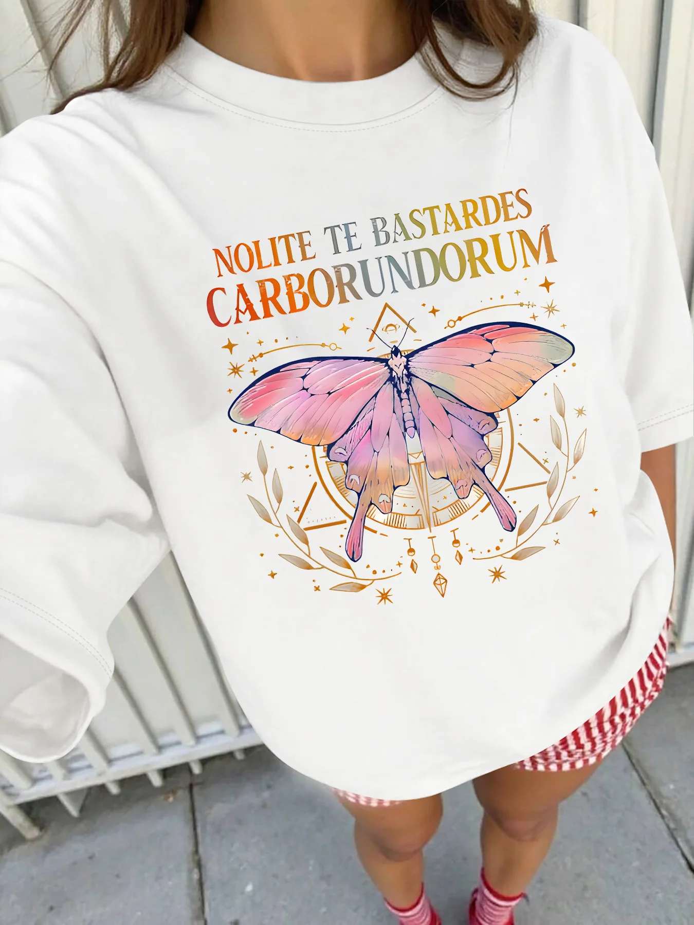 Plus - Size Tee: “Nolite Te Bastardes Carborundorum” Butterfly & Latin Quote Graphic