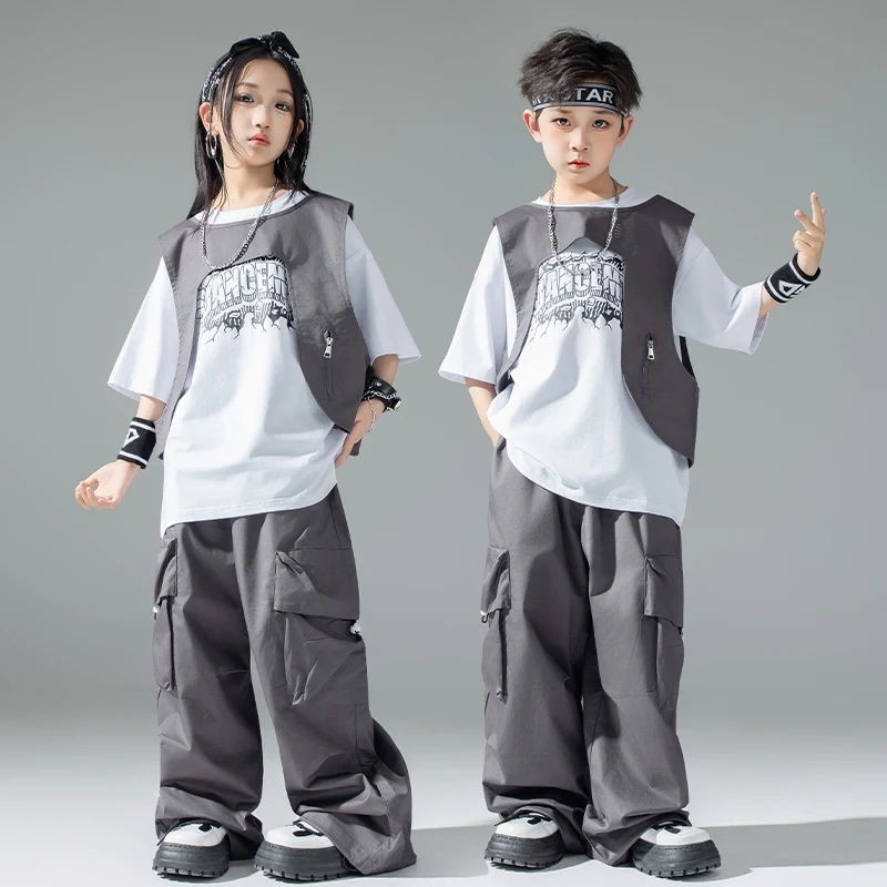 子供ヒップホップダンス衣装男の子ドラムショー服女の子半袖グレーベストカーゴパンツジャズパフォーマンススーツ BL16003
