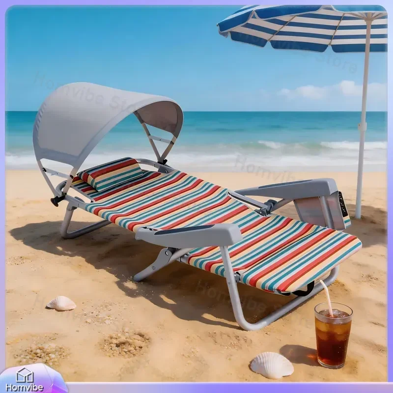 Adjustable Folding Beach Chair Aluminum Frame 5 Position Recliner Lounge with Removable Canopy Backpack Strap Durable Outdoor