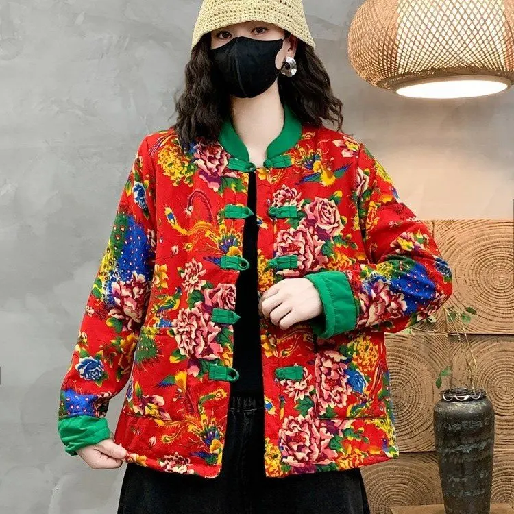 

Зимняя новинка 2025: Утепленная хлопковая куртка для женщин с флисом, теплым цветочным принтом, для женщин среднего возраста, в стиле ретро, для мам, в северо-восточном стиле