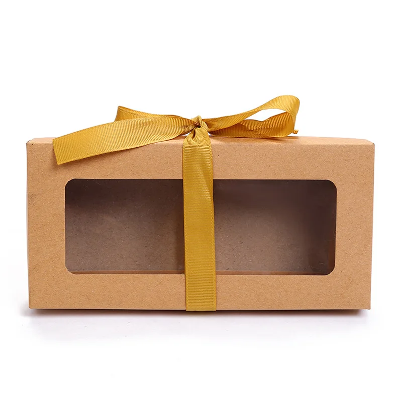 

100Pcs/Lot Brown Kraft Paper Box With Window Gift Box With Silk Ribbon Packaging Carton Paperboard Box Packaging Box