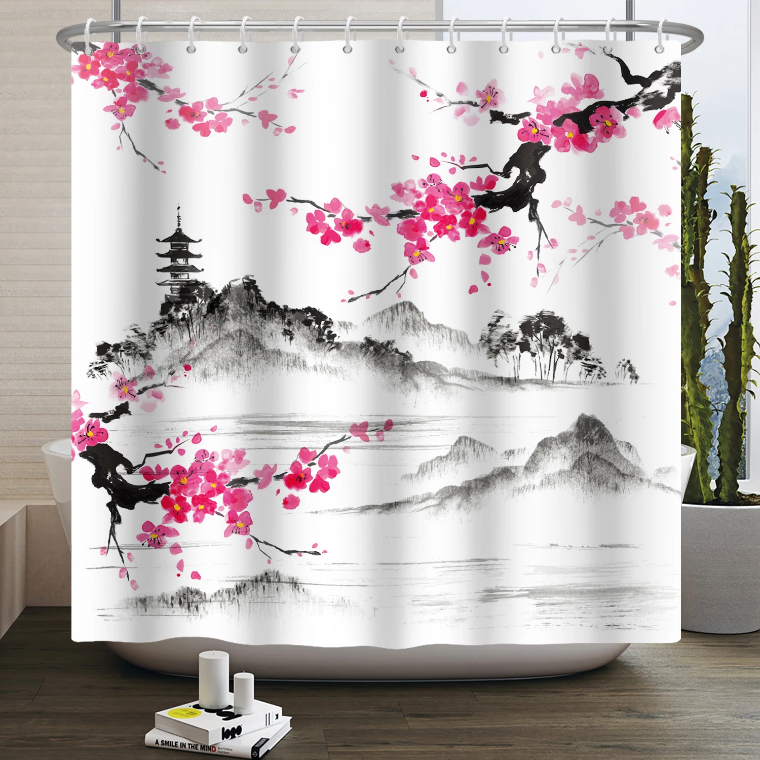 Japanese-style Sun Plum Blossom Shower Curtain Sunrise Landscape Tower Fabric Waterproof Polyester Shower Curtain Hooks Bathroom