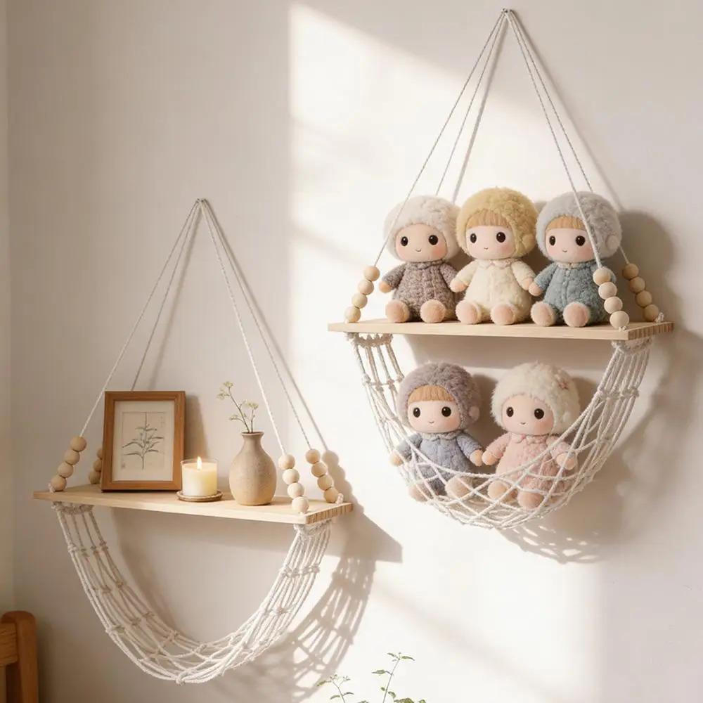 Wall Hanging Shelf with Net Basket Wooden Floating Shelf for Home Bedroom Living Room Decor & Kitchen Storage Gift Cotton Cord