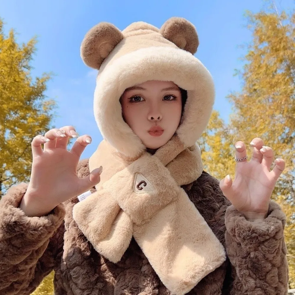 

Outdoor Winter Integrated Scarf Hat Thickened Scarf Hooded Cap Ear Protection Soft Hat Scarf Set Cycling Cap