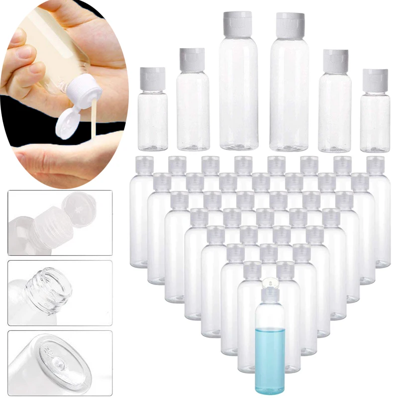 

50 шт., 5-100 мл, пустые прозрачные пластиковые флаконы с откидной крышкой, сжимаемые дорожные косметические контейнеры для жидкого лосьона, геля, духов