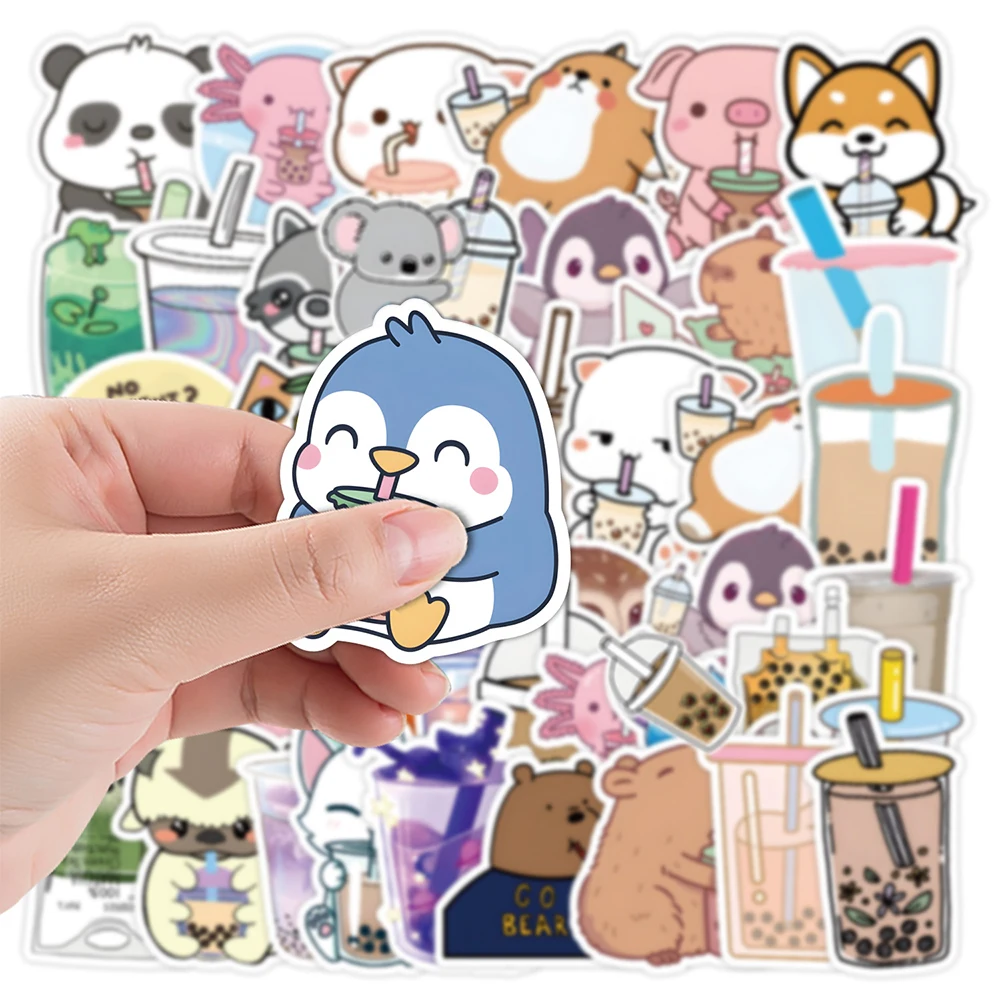 10/30/50pcs Kawaii Animal Pearl Milk Tea Stickers Cute Cartoon Kids Decals Toy DIY Fridge Scrapbook Phone Graffiti Sticker Decor