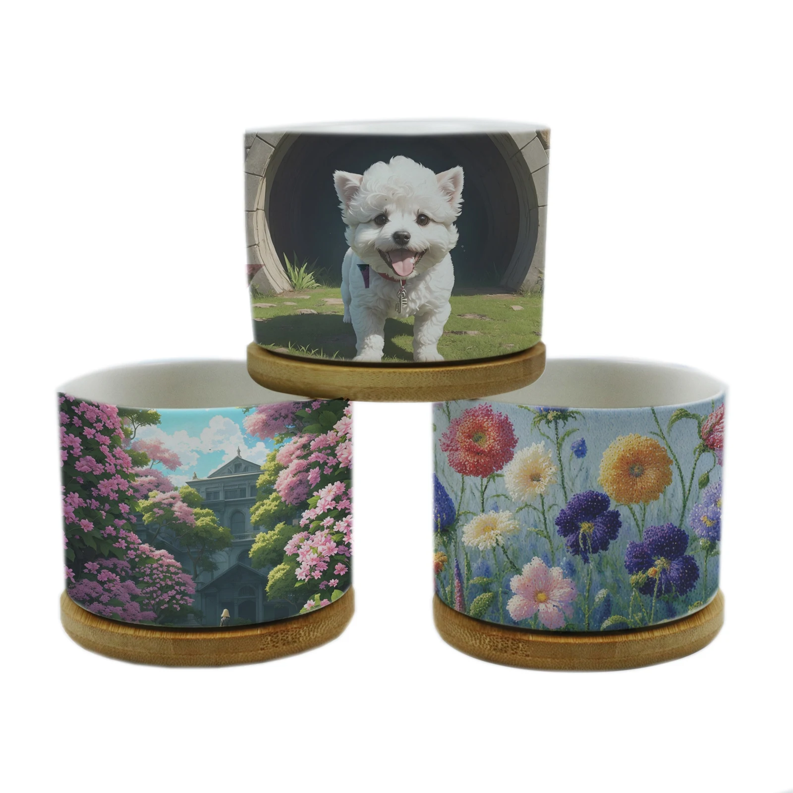 

6pcs/set 8oz Sublimation Flowerpot Garden Plant Ceramic Blank Sublimation Flower Pots With Bamboo Tray Base