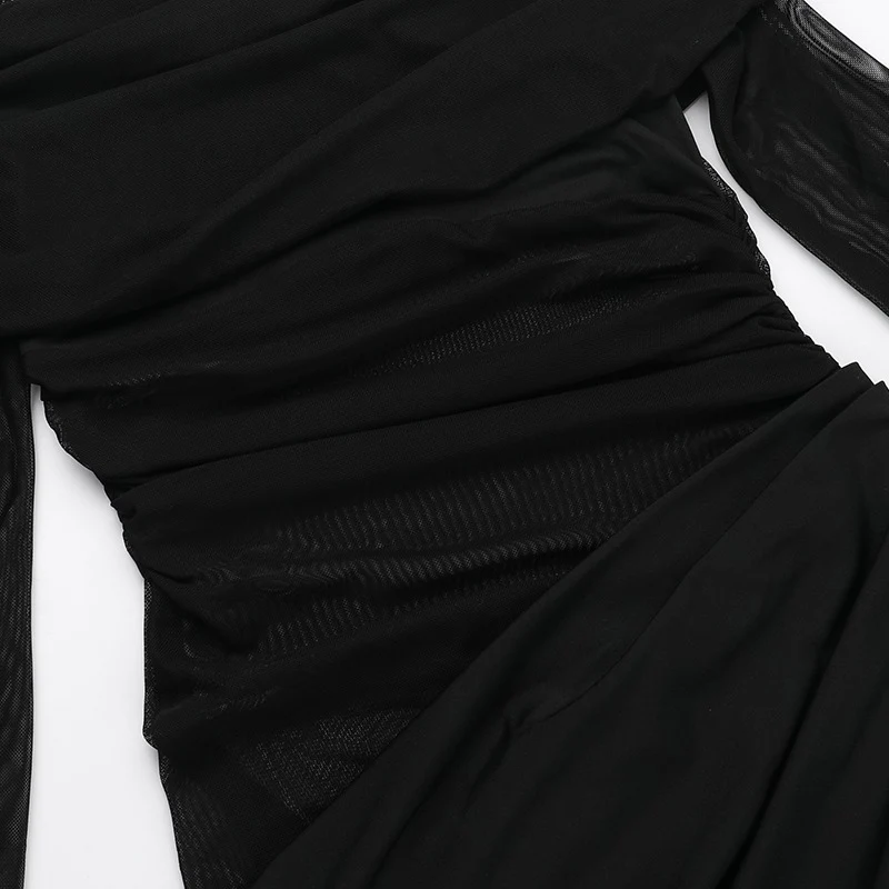 Robe de soirée transparente en maille pour femmes, Sexy, Patchwork, soirée, anniversaire, boîte de nuit, épaules dénudées, manches longues, froncée, robe Maxi de bal