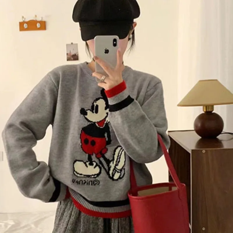 

Свитер с вышивкой Микки из мультфильма, весенне-осенний серый высококачественный женский свитер, модный повседневный пуловер в корейском стиле, одежда Y2k
