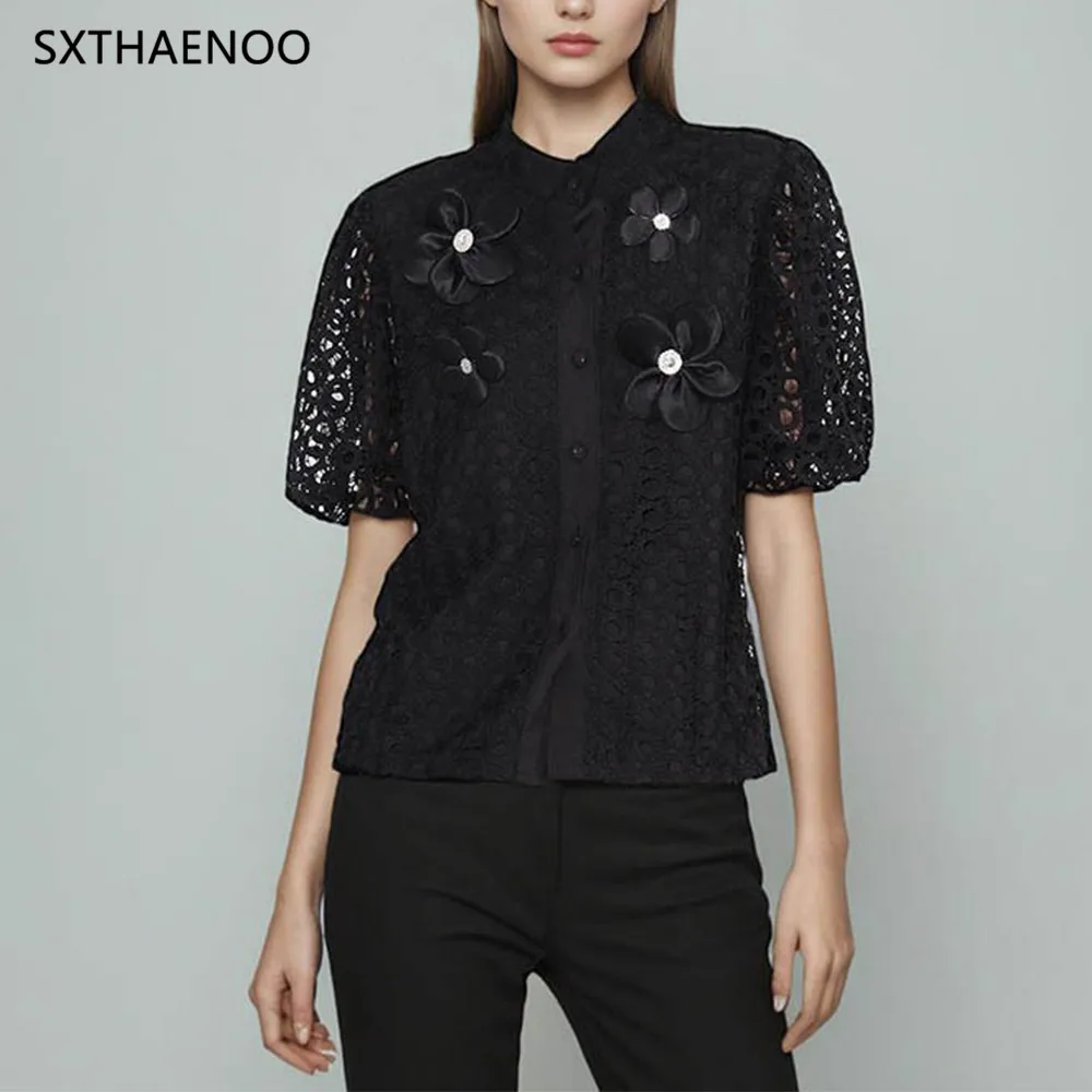 

SXTHAENOO Hollow Out Patchwork Appliques Shirts For Women Lapel Puff Sleeve Spliced Single Breasted Slimming Blouses Female 2025