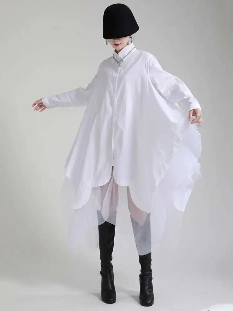 Women Black Irregular Hem Big Size Shirt Dress New Lapel Long Sleeve Loose Fit Fashion Tide Spring Autumn