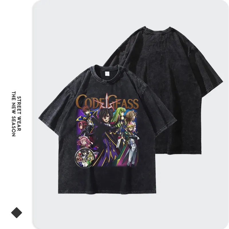 Anime CODE GEASS T Shirts Vintage Washed Lelouch Lamperouge T-shirt Oversized Streetwear Manga C.C. Tops Tees Woman 100% Cotton