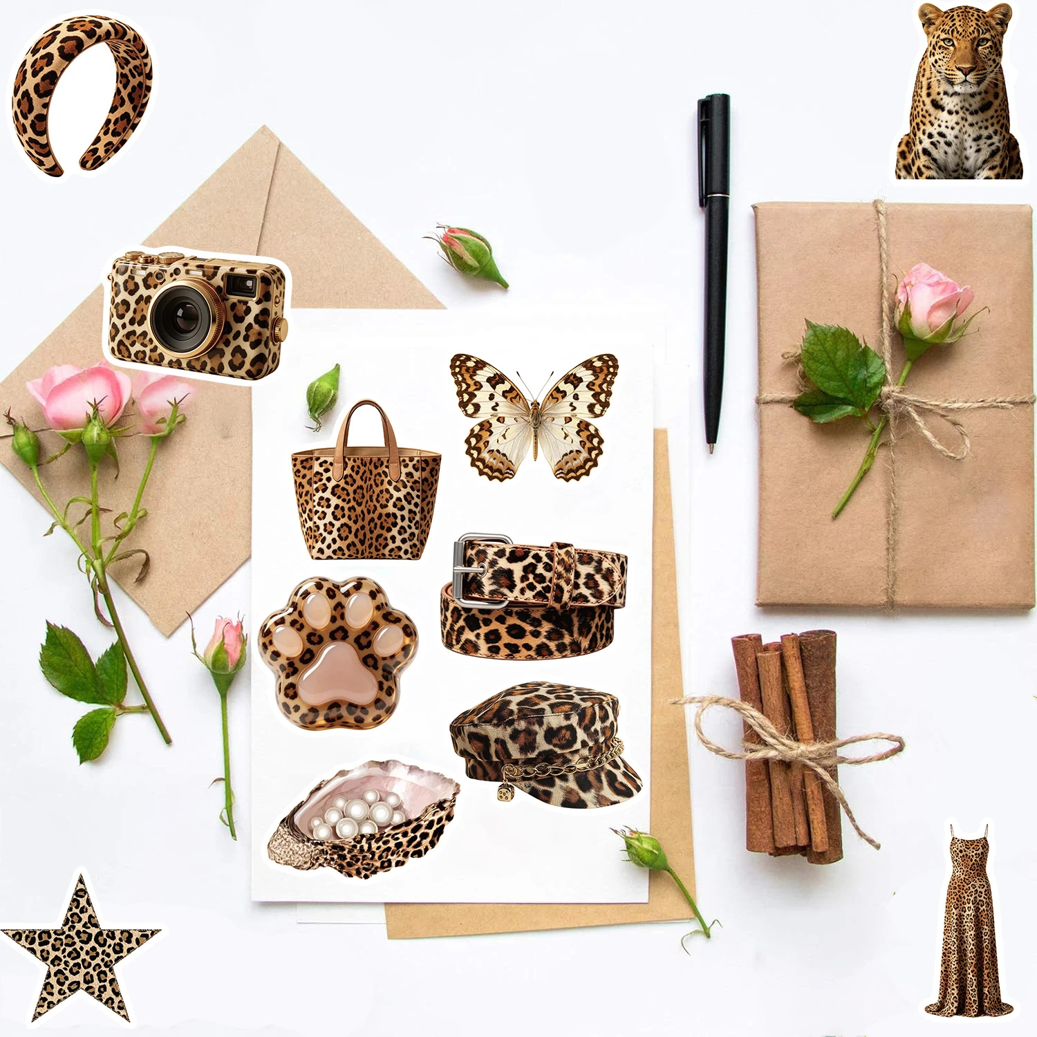 50PCS Brown Leopard Print Y2K Sticker Waterproof Scrapbook Stationery Water Bike Coffee Laptop Luggage Bottle Decorative
