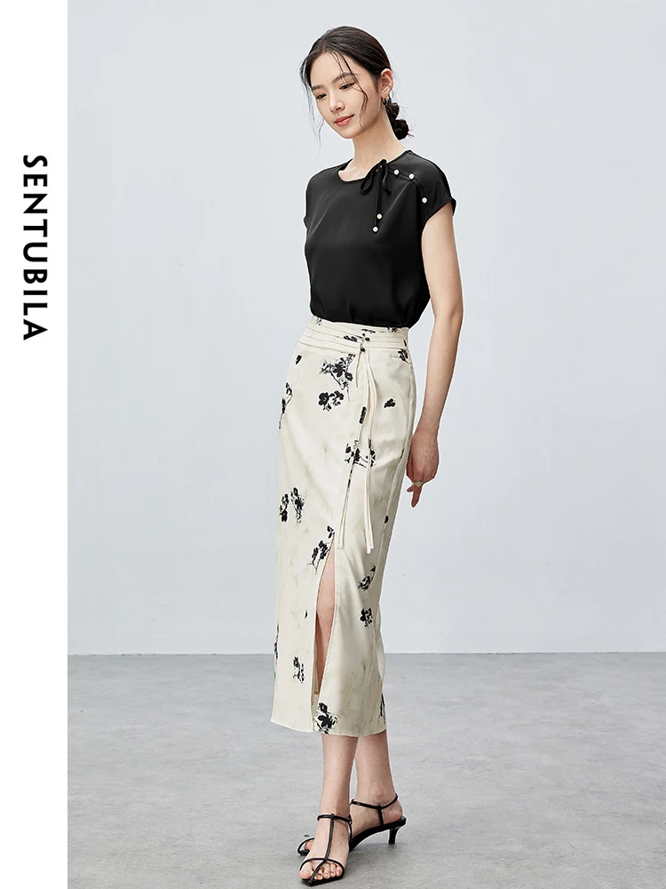 SENTUBILA Chinese Style Summer Skirts Set 2024 Round Neck Short Sleeve Top Split Midi Printed Skirt Woman Clothing 142Z55301