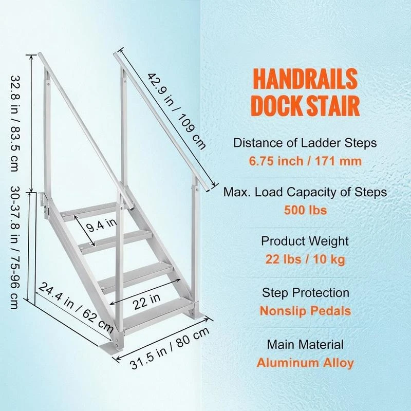 

Dock Ladder 4 Step, Dock Stairs 30''-38'' Adjustable Height, 500 lbs Load Capacity, Aluminum Pontoon Boat Ladder with Dual Handrails & Nonslip Mat for Ship/Lake/Pool/Marine Boarding