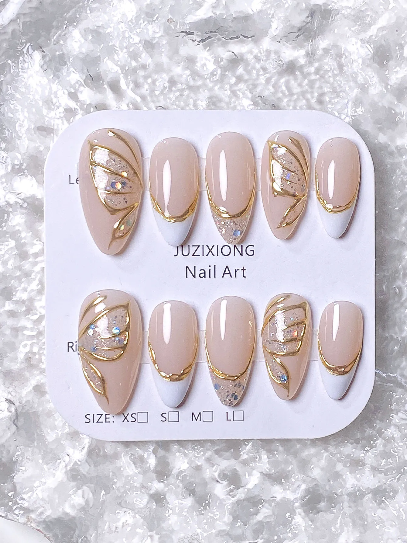 10 قطع من أظافر الخريف المصنوعة يدويًا، أظافر قصيرة، أظافر اللوز، أطراف فرنسية، أظافر ذهبية، أظافر بيضاء، أظافر وردية #5