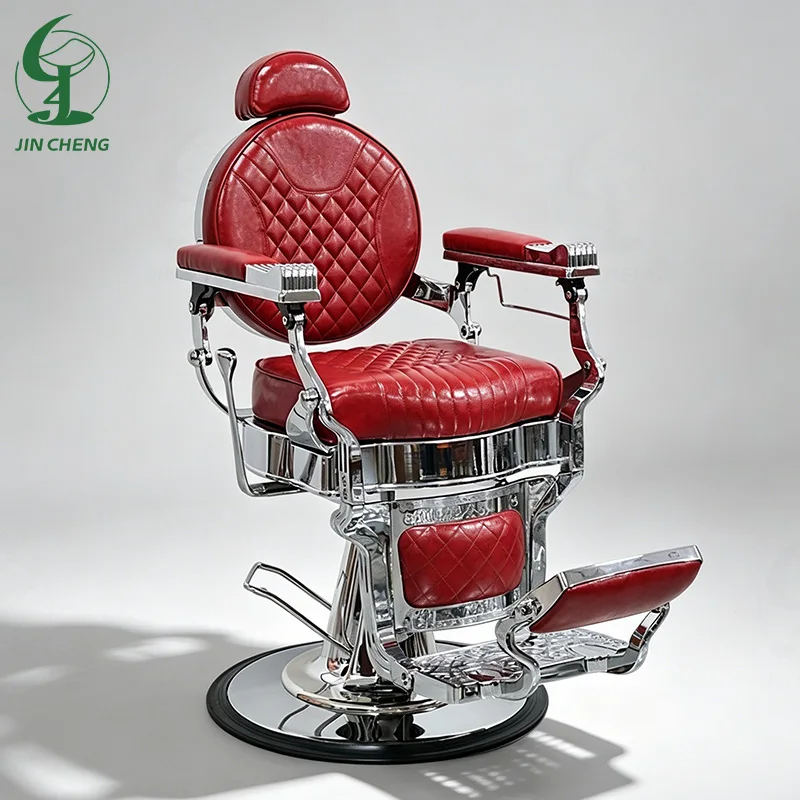 Jincheng High-quality Red Leather Silver Metal Frame Salon Furniture Styling Hairdressing Chair Luxury Barber Shop Custom Chair