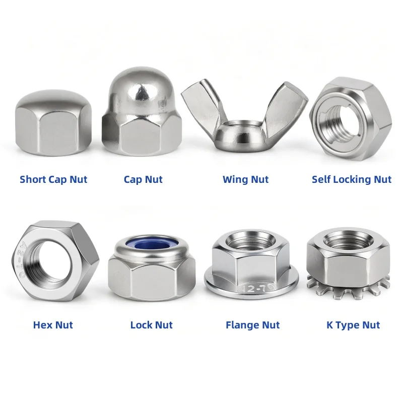 M1 M1.2 M1.4 M1.6 M2 M2.5 M3 M3.5 M4 M5 M6~M33 304 Stianless Steel Hex Nuts Flange Lock Nut Square/Cap/Wing/K-Type Nuts Various