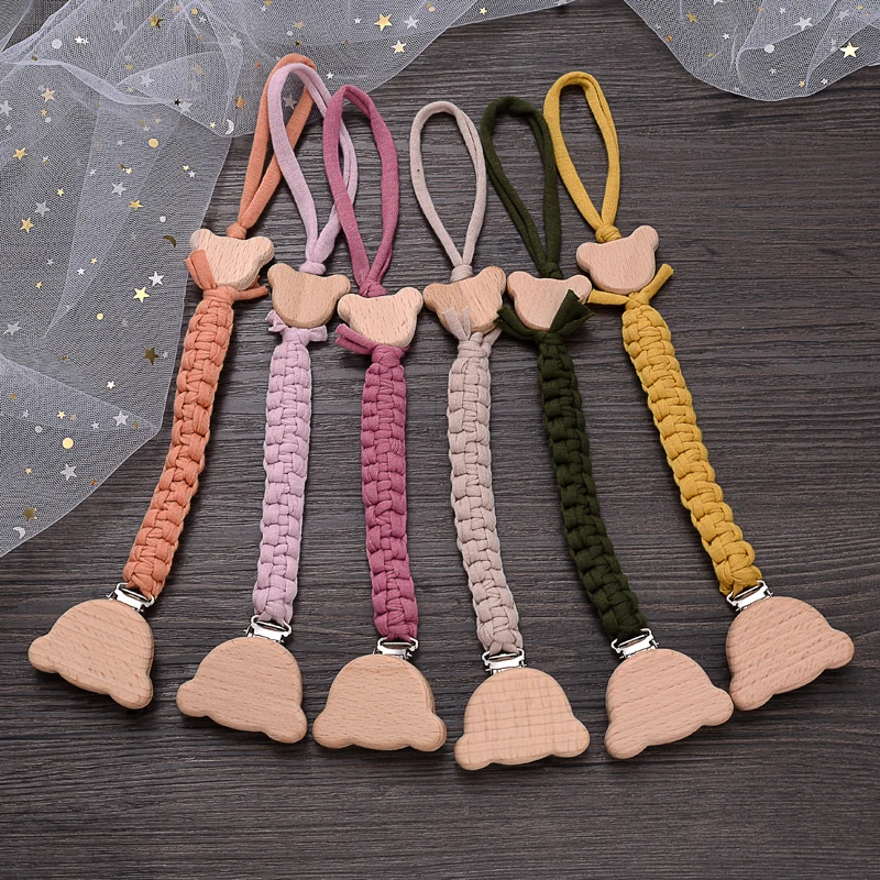 Simple Woven Cotton Handmade Baby Pacifier Holder Chain Beech Animal Dummy Soother Clip For Baby Teether Teething Chain Care Toy