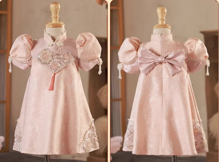 Cute Girl Pink Embroidered Classical Pearl Dress