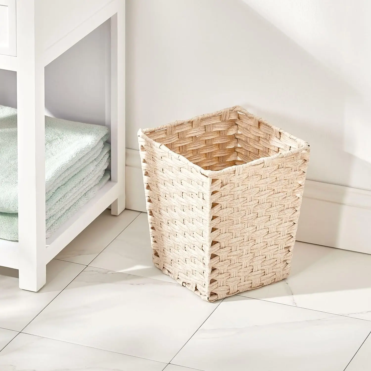 

Small Woven Basket Trash Can Wastebasket - Square Garbage Container Bin for Bathrooms Kitchens Home Offices Craft