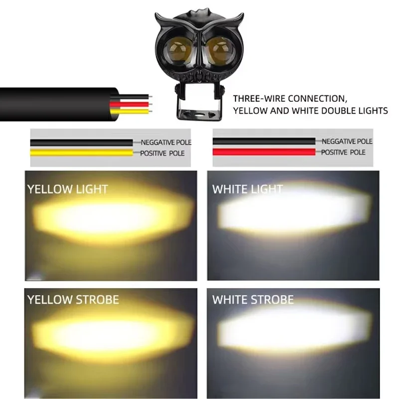 Owl Motorcycle Headlight Dual Color Projector Lens 4 Modes Motorbike Scooter LED Spotlight Driving Auxiliary Fog Lamp 12V
