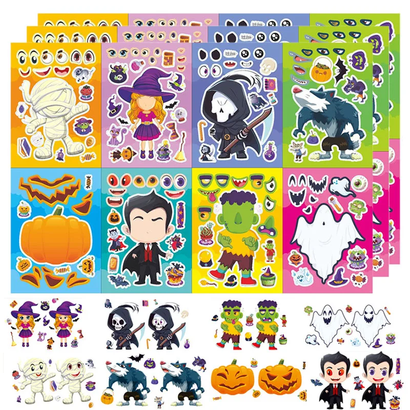 Crie seu próprio fantasma Abóbora Bruxa Adesivos, Faça um rosto adesivos, Presentes de Halloween para crianças, Diversão Mixed and Matched Puzzle, Brinquedo