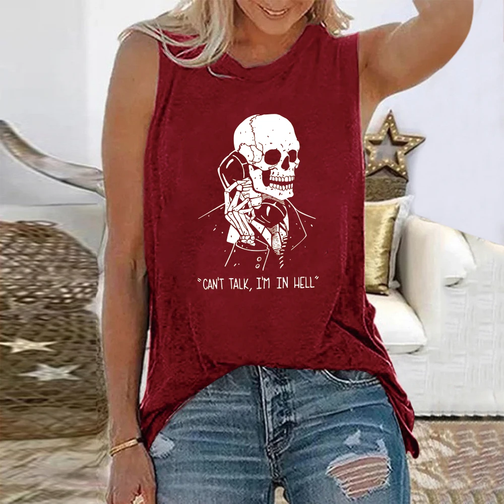 Seeyoushy Can\'t Talk,i\'m In Hell Print Funny Skeleton Skull Print Women T-shirts Round Neck Sleeveless Summer Loos Tee Shirt Top