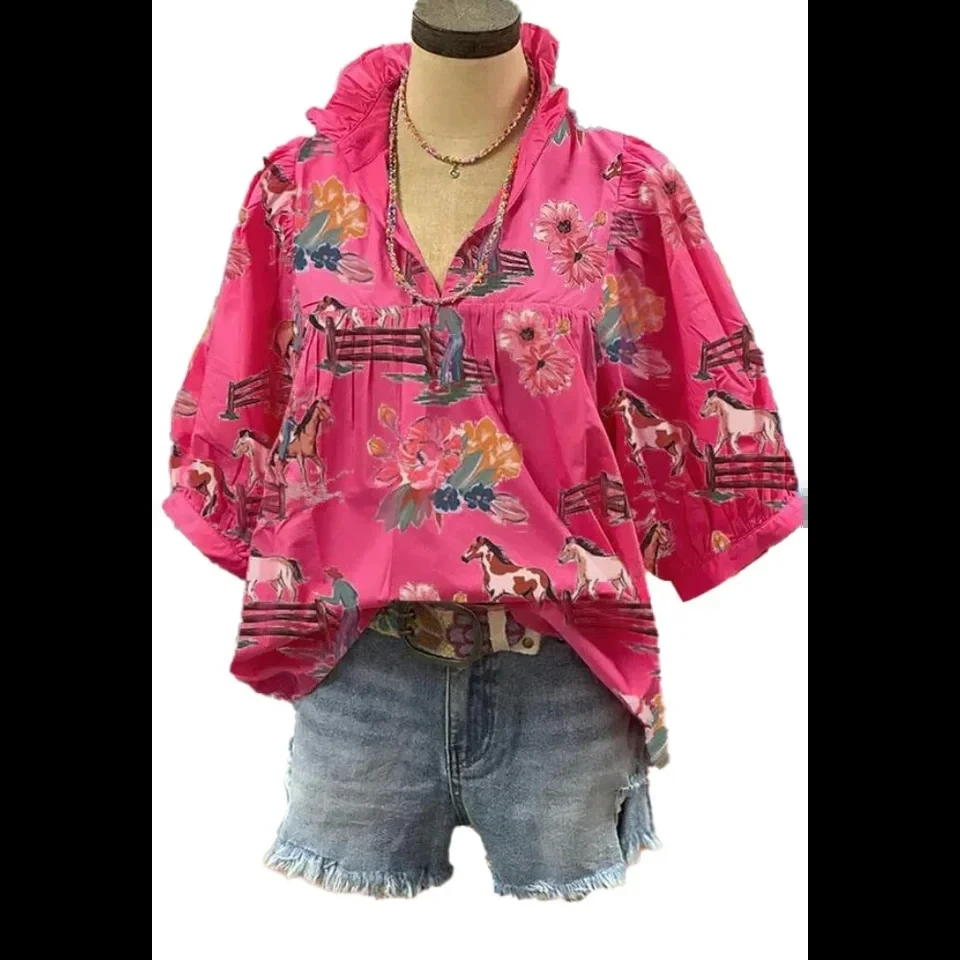 Print Puff Sleeve T Shirts for Women V-neck  Loose Pleated T-shirt Streetwear Fashion Loose Women Clothes