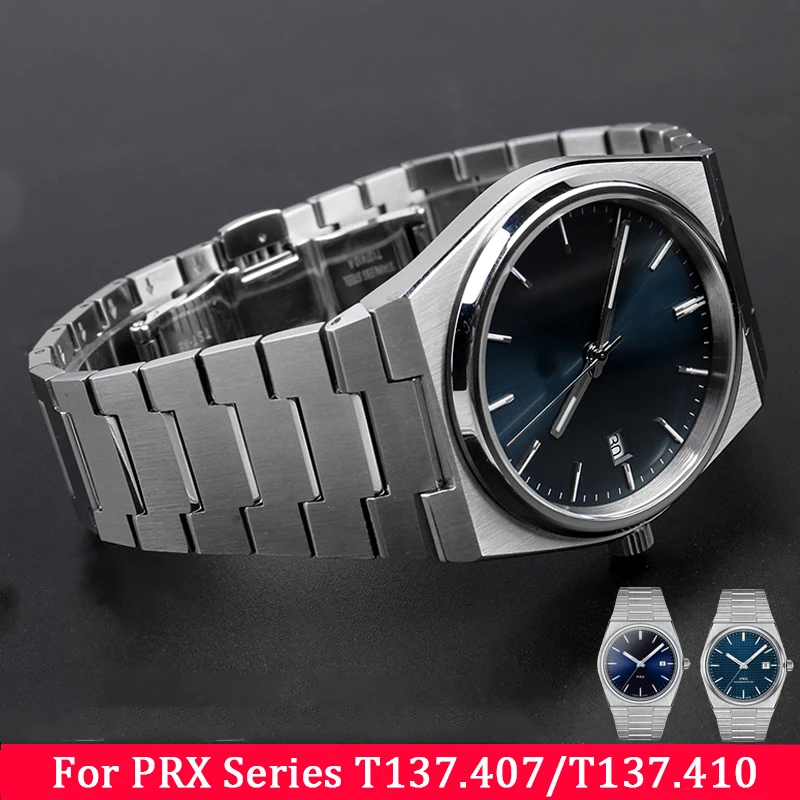 Correa de reloj de acero inoxidable para Tissot PRX Super Player T137410A/407A, 27x12mm, articulación convexa, correa de reloj plateada de metal refinado
