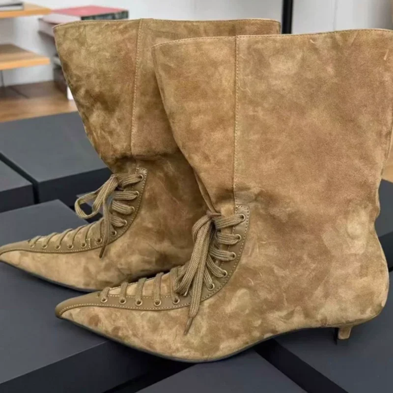 Crossover Strap Female Short Boots Pleated Womens Shoes Pointed Toes Ladies Sewing Lines Zapatos De Mujer Solid Chassure Femme