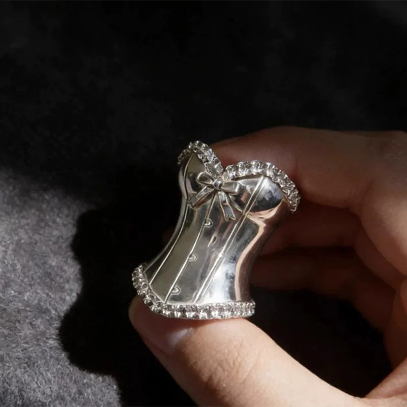 Vintage Silver Corset Shaped Ring for Women Gothic Style Bow Zircon Exaggerated Ring, Party Jewelry Gift Hollow Out Holiday Ring