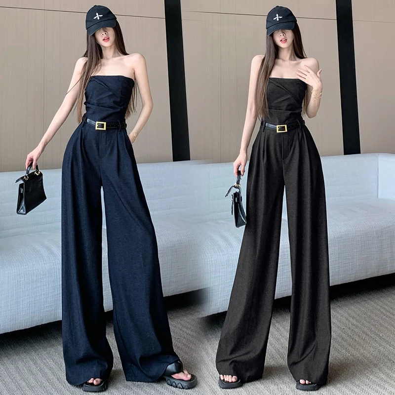 

Новые летние женские цельные брюки в Корейском стиле с поясом на талии для похудения длиной до пола, комплект с застежкой-молнией